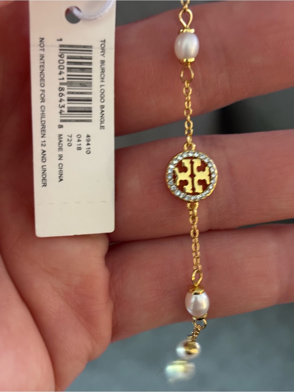Tory Burch Gold Logo Pearl Station Bracelet with Crystal Accents - Picture 2 of 5